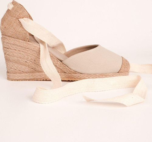 Gerçek Elişi Bej Ipli Dolgu Topuk Keten Espadril Handmade