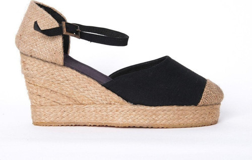 Gerçek Elişi Burnu Hasır Platformlu Dolgu Topuk Siyah Keten Hasır Espadril Handmade