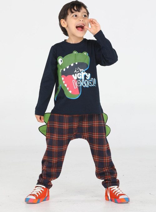 Ekose Muzip Dino Pantolon + T-shirt Takım