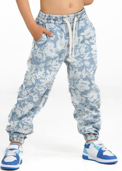 Çiçekli Stone Wash Kız Jogger Pantolon