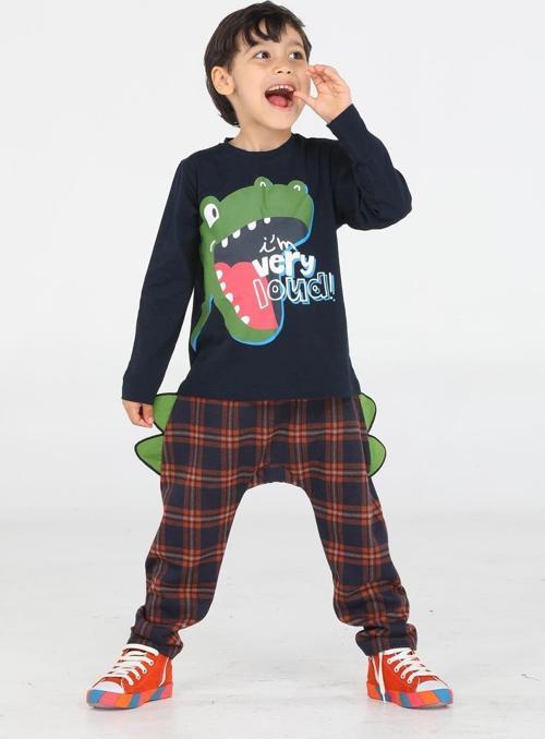 Ekose Muzip Dino Pantolon + T-shirt Takım