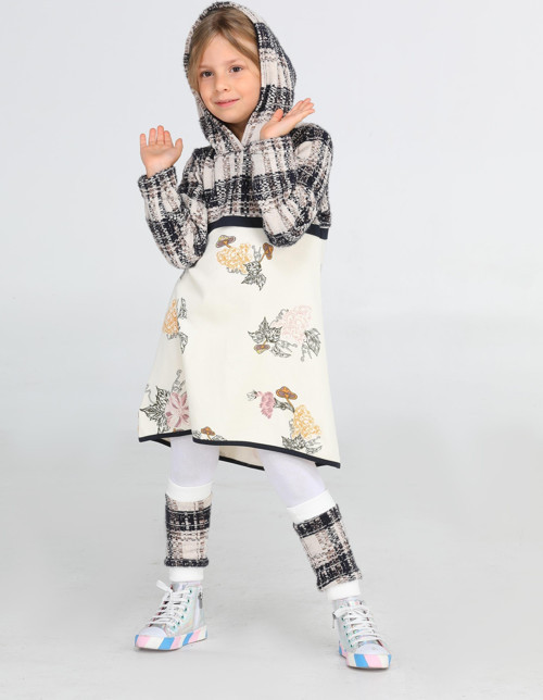 Ekose Baskılı Hoodie Kız Elbise + Tozluk Takım