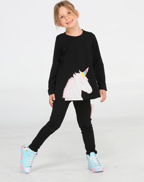 Unicorn 3 Boyutlu Siyah Kız Tunik + Tayt Takım