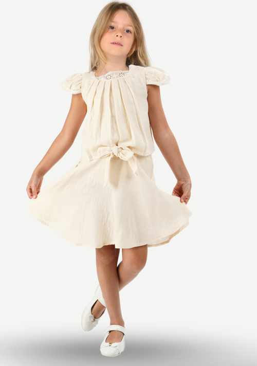 Bej Muslin Dantelli Kız Çocuk Tunik + Etekli Takım