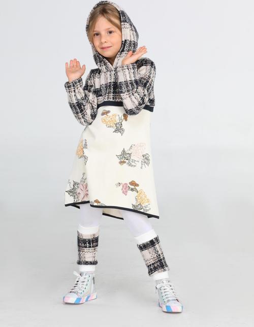 Ekose Baskılı Hoodie Kız Elbise + Tozluk Takım