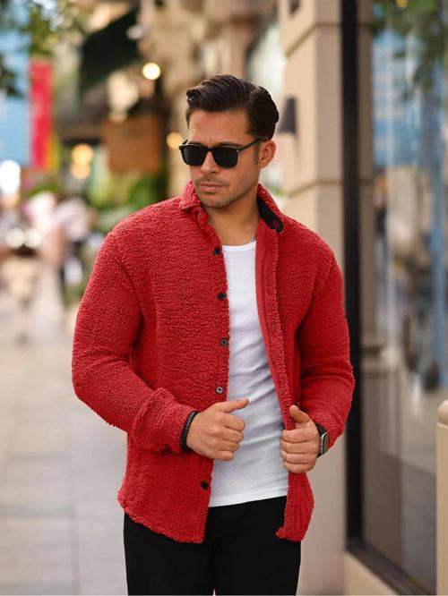 Erkek Slim Fit Peluş Gömlek Kırmızı Edw014