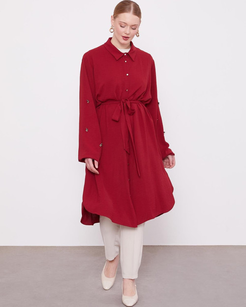 Bordo Kolları Taş Detaylı Tunik