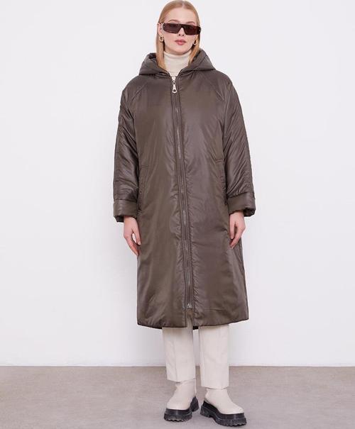 Haki Kolları Ribana Detaylı Uzun Mont