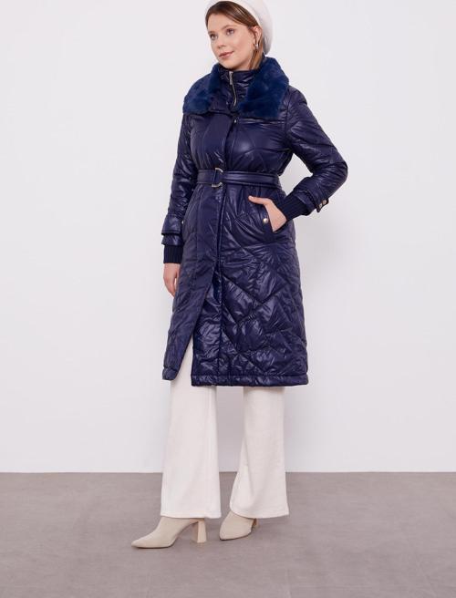 Lacivert Kürk Yakalı Şişme Kapitone Mont