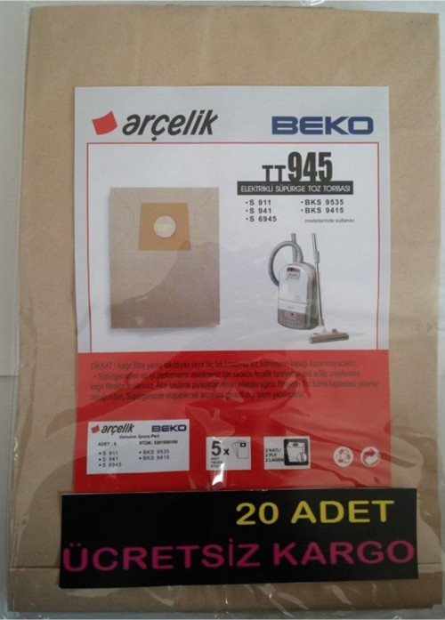 Arçeliks911 S 941 S6945 Elektirikli Süpürge Kağıt Torba 20 Adet