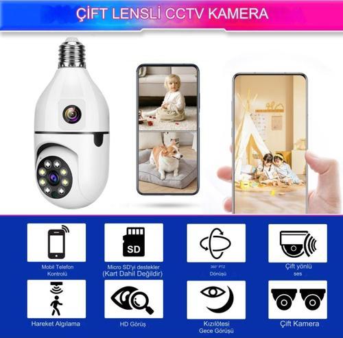 4Mp Ampul Kablosuz Wifi Kamera Çift Lens Işık Ip 2 Yönlü Ses Otomatik Izleme Aı Insansı Algılama