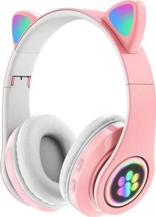 P33M Kulaküstü Bluetooth Kulaklık Led Işıklı Kedi Kulaklı Mikronlu Hafıza Kartı Ve Aux Giriş Pembe