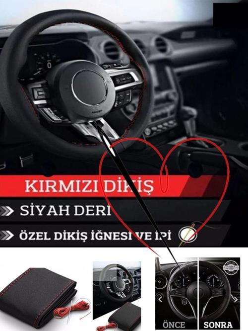 Peugeot 407 Deri Direksiyon Kılıfı Dikmeli Kırmızı Dikişli