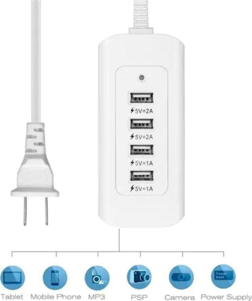 5 In 1 Usb Çoğaltıcı Priz 4 Usb Çıkış + Iphone Ve Samsung Uyumlu Çift Yönlü Uçlu Kablo 1 Mt
