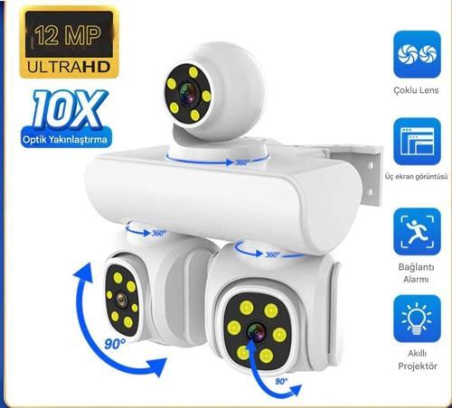 12Mp 10X Zoom Üç Lensli Wıfı Güvenlik Kamerası Ptz Su Geçirmez İki Yönlü İnterkom Hareket Sensörlü