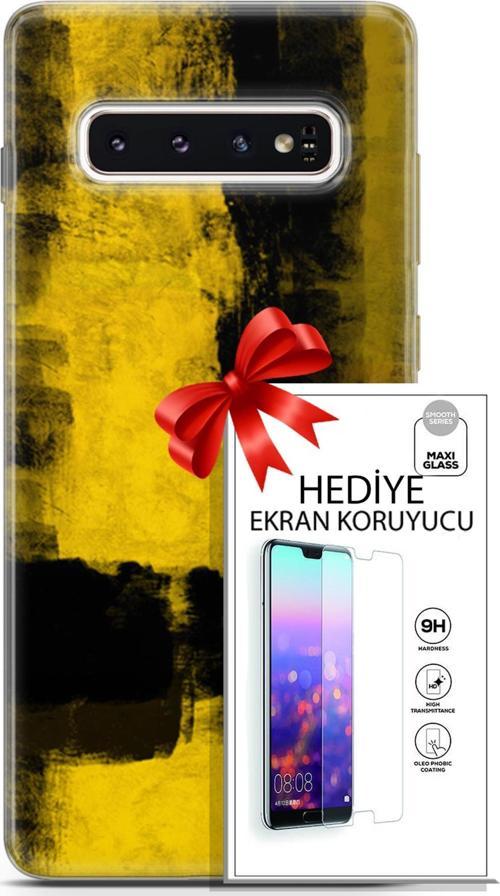 Samsung Galaxy S10 Kılıf Orijinal Seri Nature 08 Sarı Siyah Baskılı Kılıf + Ekran Koruyucu