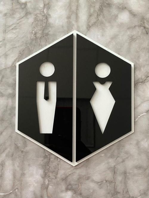 Basic White Black Hexagon Seri Kadın&Erkek Wc Yönlendirme Levhası