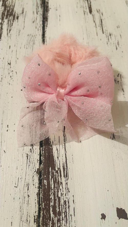 Kadın Açık Pembe Peluş Lastik Toka Tül Taşlı Fiyonk Toka Anne-Kız Sevgililer Günü Hediyesi