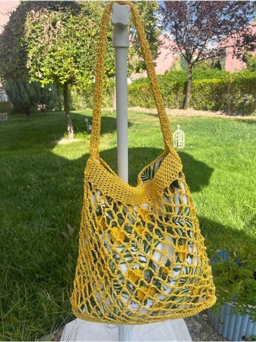 Kağıt İp , El Örgüsü, Örme, Plaj, Pazar, Günlük , File Çanta, Tasarım , Limon  Desen Astarlı,  Sarı