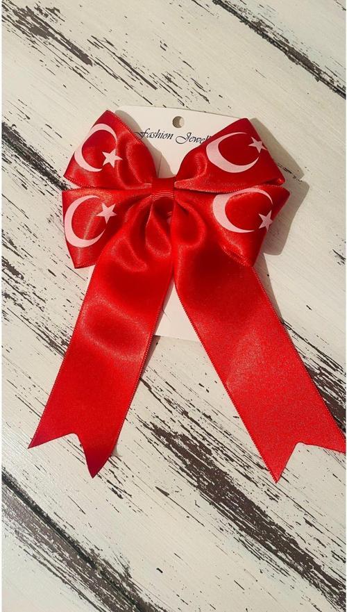 Kırmızı Bayrak Kurdele Ay-Yıldız Çift Fiyonk Toka Otomatik Klipsli