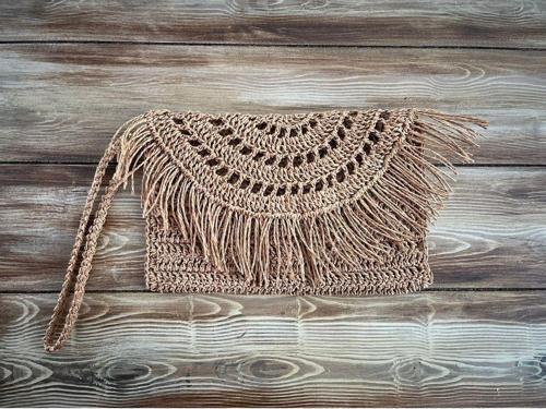 Krem Hasır Püsküllü , El Yapımı, Astarlı, Çıtçıtlı Kağıt İp Clutch Çanta