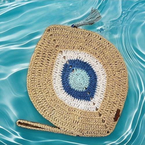 Nazar Boncuklu , El Yapımı, El Örgüsü, Clutch , Portföy Çanta, Fermuarlı, Astarlı, Mavi Püsküllü,