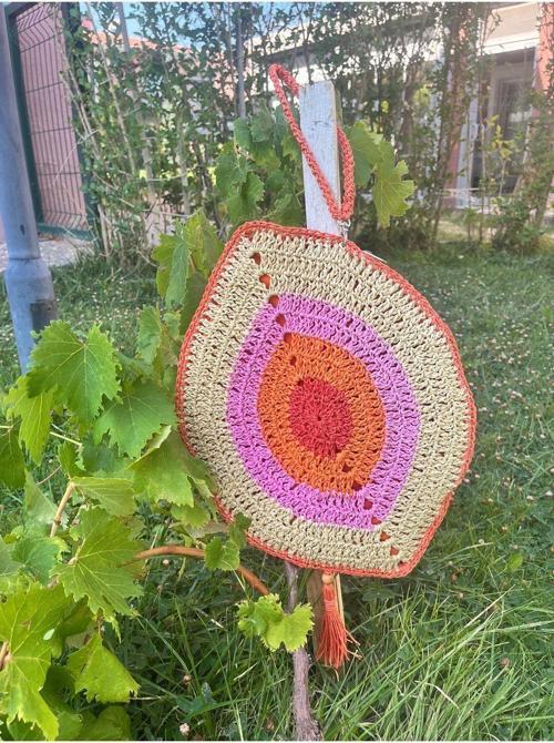 Nazar Boncuklu ,El Yapımı, El Örgüsü, Clutch ,Portföy Çanta, Fermuarlı, Astarlı,Nar Çiçeği Püsküllü