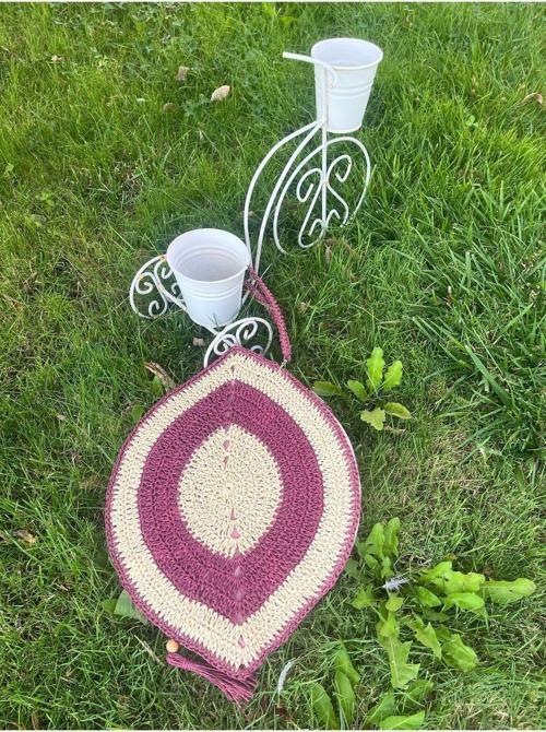 Nazar Boncuklu ,El Yapımı, El Örgüsü, Clutch ,Portföy Çanta, Fermuarlı, Mor Püsküllü