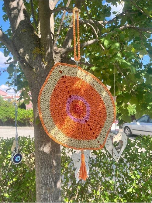 Nazar Boncuklu ,El Yapımı, El Örgüsü, Clutch ,Portföy Çanta, Fermuarlı, Turuncu Püsküllü