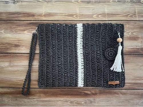 Siyah Ve Beyaz Clutch , Portföy, El Yapımı, Astarlı, Tahta Boncuk, Çiçek Ve Püskül Aksesuarlı Çanta