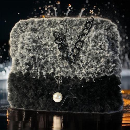 Siyah Ve Kırçıllı Gri Clutch , Portföy, El Yapımı, Gizli Burslu, Yıldız Ve İncili Peluş Çanta