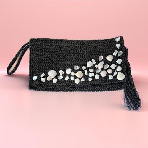 Siyah, El Yapımı, Astarlı, Çıtçıtlı Kağıt İp Clutch Çanta Parlak Payet Boncuk Midye Aksesuar