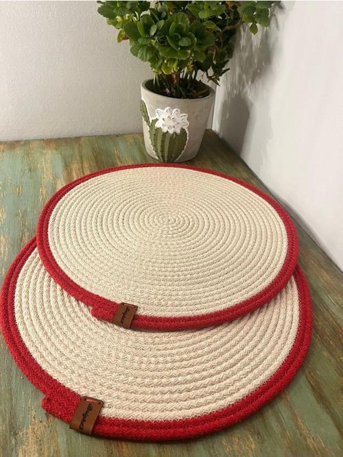 Supla,Amerikan Servis , Runner, El Yapımı, Jüt, Mutfak,  2 Adet 37 Cm Doğal Krem Kırmızı Çerçeve