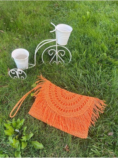 Turuncu Püsküllü , El Yapımı, Astarlı, Çıtçıtlı Kağıt İp Clutch Çanta
