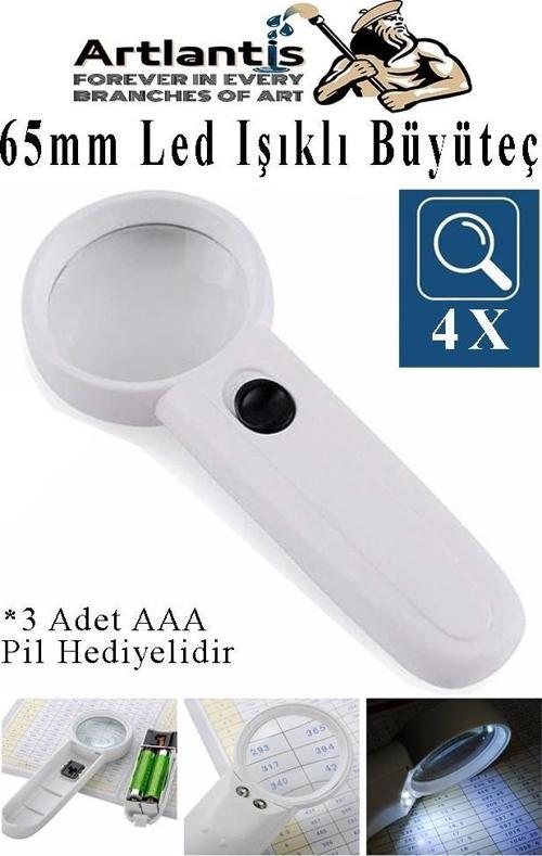 Led Işıklı Büyüteç 65 mm 1 Adet 4X Büyütme Optik Büyüteç El Tipi Işıklı Lens Taşınabilir Okul Büro Ofis