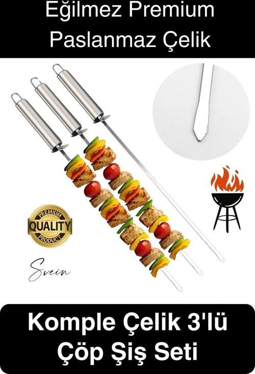 3 Adet 40 cm Premium Paslanmaz Çelik Saplı Izgara Şişleri Et Tavuk Barbekü Kebap Mangal Adana Urfa