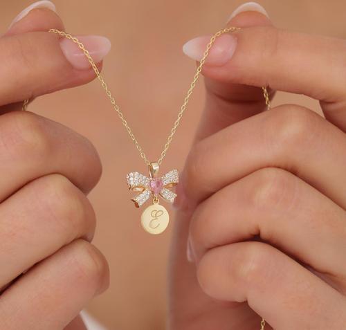 925 Ayar Gümüş Pembe Kalpli Kurdele ve Harfli Plaka Kolye