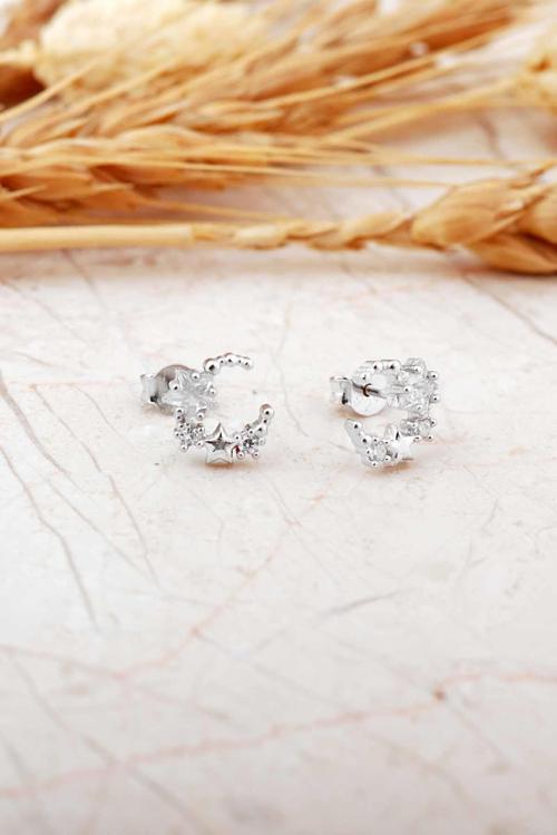 Taşlı Ay Ve Yıldız Rodyumlu Mini Gümüş Küpe 7354