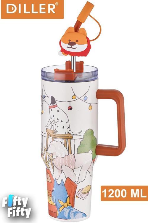 DILLER Quencher Cup 1200 ML Pipetli/Rahat İçim Kulplu Paslanmaz Çelik Termos -FFDILLERD9222
