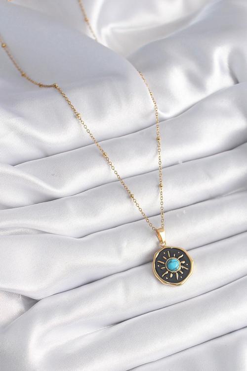Zarif Kadın için Golden Çelik Mavi Boncuk Güneşli Madalyon Kolye