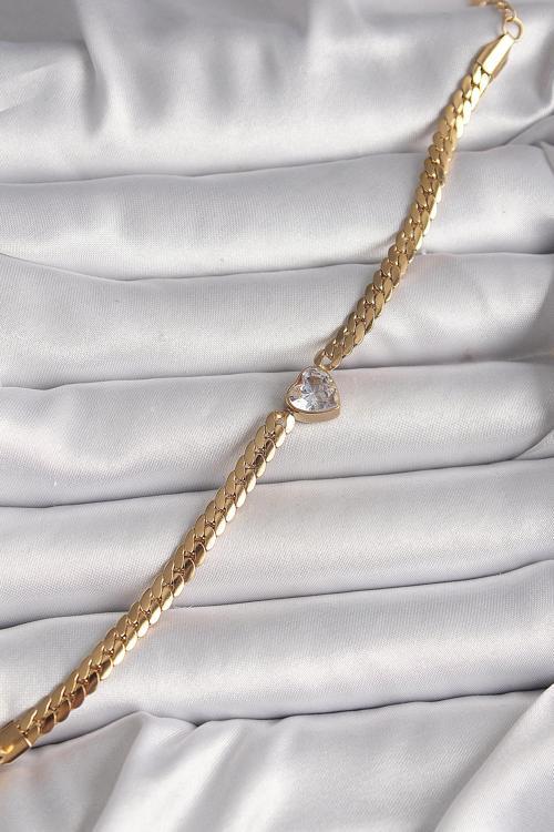 Zarif Kadın için Golden Çelik Yassı Zincir Zirkonlu Kalp Bileklik