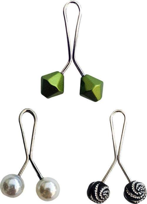 3 Adet Tesettür Eşarp ve Şal Klipsi İnci Beyaz Siyah Desenli Yeşil