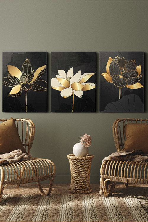 Gold Çiçekler 3 Parça Kanvas - Canvas Tablo