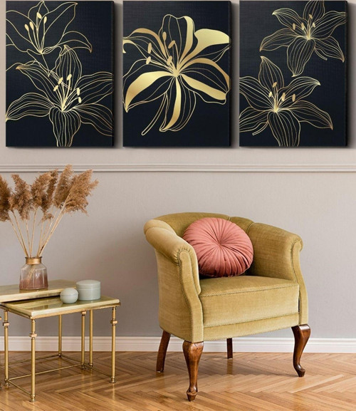 Gold Çiçekler 3 Parça Kanvas - Canvas Tablo