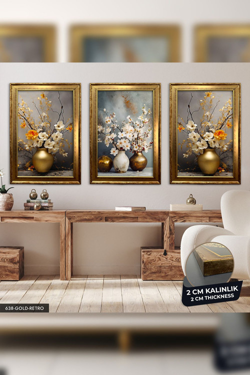 Vazoda Çiçekler 3 Parça Gold Retro Çerçeveli Tablo Cvplk