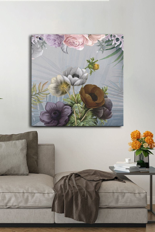 Renkli Çiçekler Tek Parça Kare 65X65 Cm Kanvas - Canvas Tablo