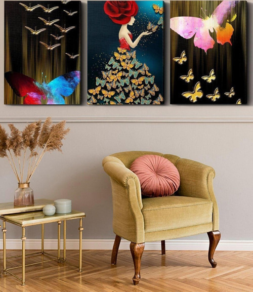 Gold Kelebekler 3 Parça Kanvas - Canvas Tablo