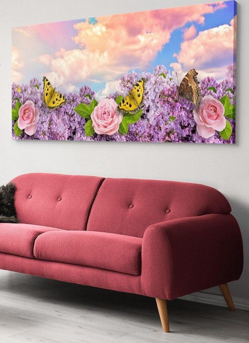 Pembe Çiçek Ve Kelebekler Kanvas-Canvas Tablo