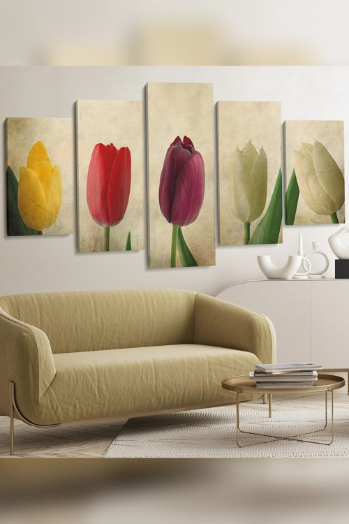 Renkli Laleler 5 Parça Kanvas - Canvas Tablo