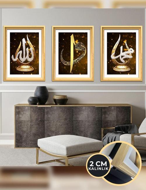 Allah, Muhammed, Elif Vav, Gold, 3 Parça Ahşap Çerçeveli Tablo Act